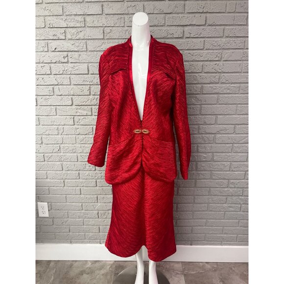 Ben Marc Women Red Textured Embellishment Skirt Suit Size 14 - Picture 1 of 13